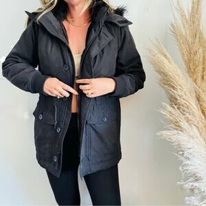 VINTAGE HOLLISTER Black Faux Fur Hooded Fleece Lined Parka Jacket Over Coat S